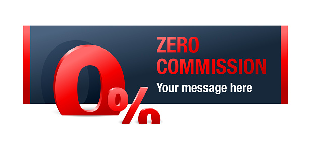 Zero percent commission banner - 0 in 3D and place for sample text  - isolated vector promo poster or web element