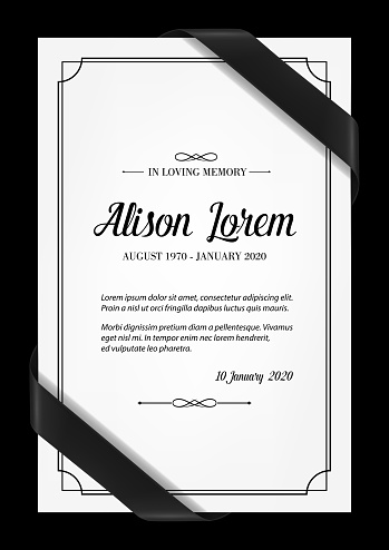 Funeral card vector template with black frame, mourning ribbons in corners, place for name, birth and death dates. Obituary memorial, condolence funeral card design, in loving memory typography