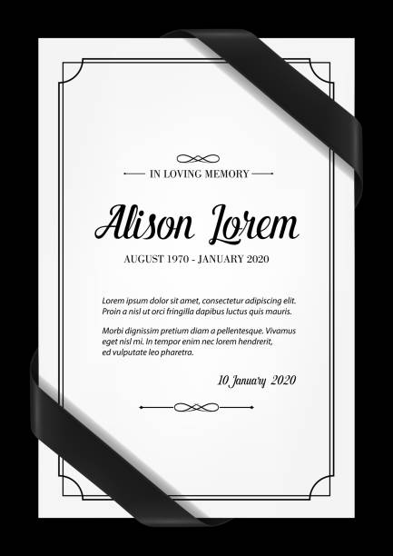 Funeral card vector template with black frame Funeral card vector template with black frame, mourning ribbons in corners, place for name, birth and death dates. Obituary memorial, condolence funeral card design, in loving memory typography mourning ribbon stock illustrations