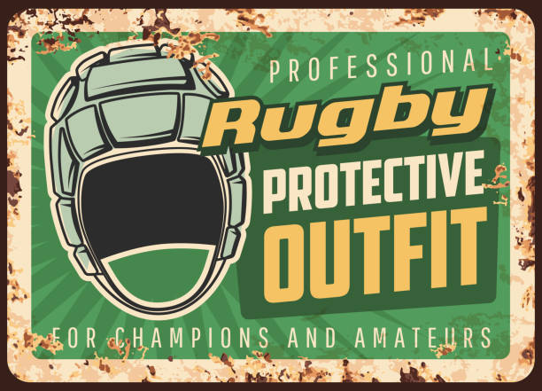 stockillustraties, clipart, cartoons en iconen met rugby beschermende outfit roestige metalen vectorplaat - rugby scrum