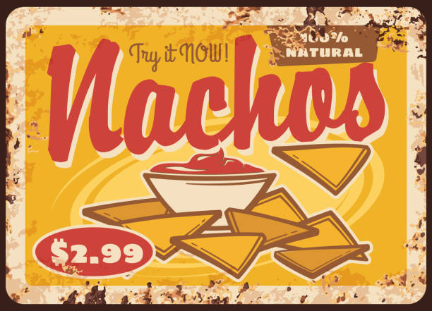 Mexican nachos and sauce rusty metal sign board Mexican nachos with sauce rusty metal sign board. Vector Mexican cuisine snack of corn tortilla chips with melted cheese, chilli pepper and tomato sauce salsa, old tin sign of fast food restaurant nacho chip stock illustrations