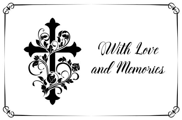 Funeral card vector template with cross and floral ornament or flourishes. Vintage condolence funereal card with frame love and memory typography. Obituary memorial, remembrance retro funeral poster