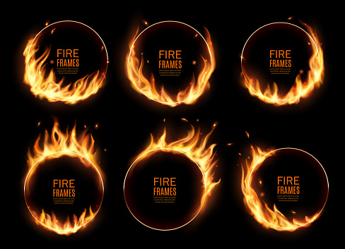 Fire rings, burning vector round frames. Realistic burn circles with flame tongues on edges. 3d flare circles for circus performance, Burned hoops or holes in fire, isolated circular borders set