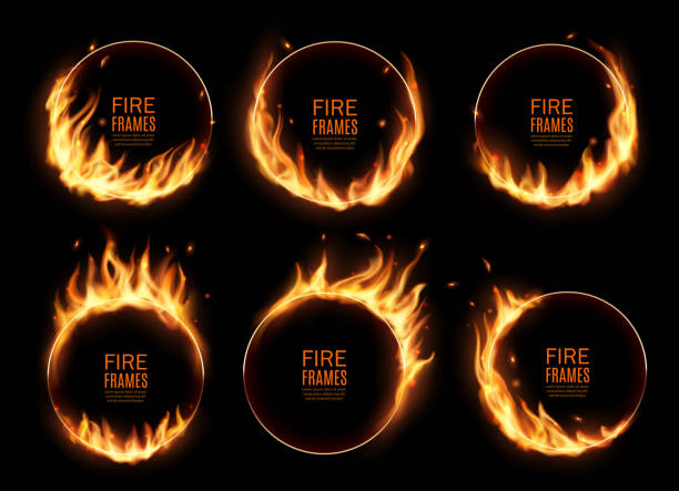 Fire rings, burning vector round frames, borders Fire rings, burning vector round frames. Realistic burn circles with flame tongues on edges. 3d flare circles for circus performance, Burned hoops or holes in fire, isolated circular borders set flame borders stock illustrations