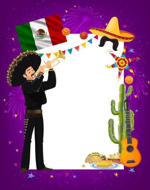 마리아치 예술가와 신코 데 마요 벡터 프레임 - mexico mexican culture cinco de mayo art stock illustrations