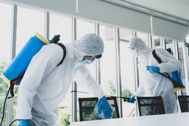 Man in virus protective suite and mask spraying alcohol cleaning covid19 infected area, Virus disinfection concept stock photo