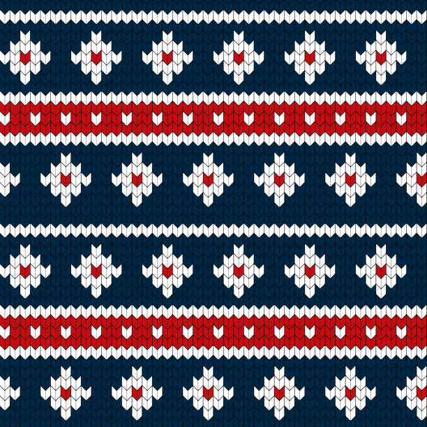 ilustrações de stock, clip art, desenhos animados e ícones de seamless blue red and white colors knitted pattern. warm and cozy style winter vector illustration. sweater or pullover hand made. - christmas cardigan woven pattern