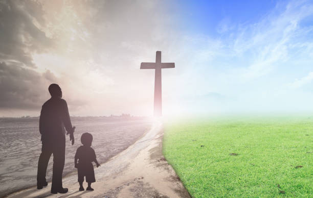 Family worship concept Silhouette father and son looking for the cross between climate worsened and good atmosphere background praying child religion god stock pictures, royalty-free photos & images