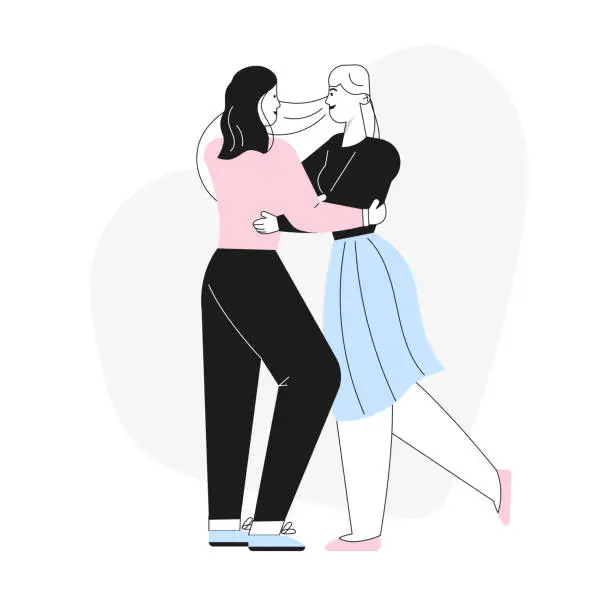 Vector illustration of Happy female LGBT couple or family dancing on romantic date