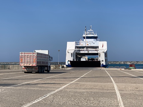 Gokceada port with truck and ferry