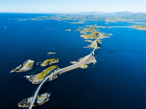 Aerial view. World famous Atlantic road bridge Atlanterhavsvegen in Norway Europe. Norwegian national scenic route. Tourist attraction.
