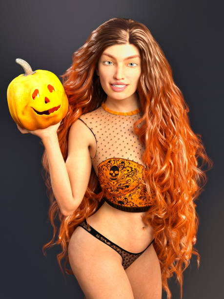 3D Photo of a Long-Haired Woman Holding a Halloween Pumpkin stock photo
