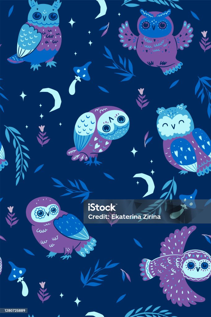 Vector Pattern Night Night Seamless Pattern With Owls Vector Graphics Stock Illustration ...