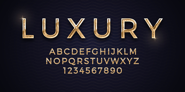 3D Vector Elegant Luxury Golden Font Isolated On Abstract Background. Premium Royal Vip Gold Alphabet Design Elements. Expensive Golden Metalic Typescript On Deep Blue Backdrop