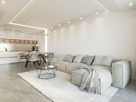 Modern open space apartment with pastel colored sofa with big blank wall and dining room in the background. Pillows, cushion, coffee table, orange chairs, pendant lamp and white ceiling. Template for copy space. Render.