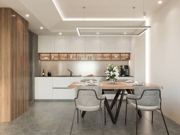 moderno appartamento sala da pranzo interno - house indoors lighting equipment ceiling foto e immagini stock