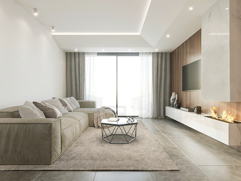 Modern apartment living room interior with blank white wall and pastel colored sofa. Coffee table with vase, lamp, cushion, pillows, TV screen, white ceiling. Template for copy space. Render.