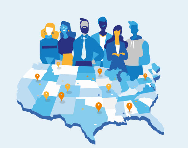 American population Team of business men and women in front of the United States map map stock illustrations