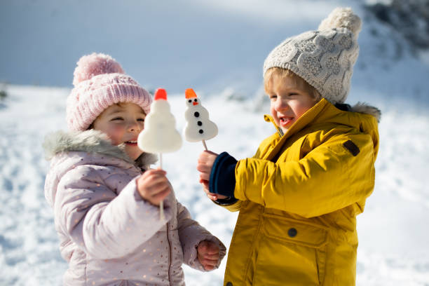 Two small children standing in snow in winter nature, eating sweets. Portrait of two small children standing in snow in winter nature, eating sweets. kids winter coat stock pictures, royalty-free photos & images