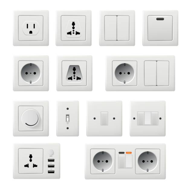 illustrazioni stock, clip art, cartoni animati e icone di tendenza di diversità dell'interruttore della luce a parete, della spina e dell'ingresso del cavo - wall switch