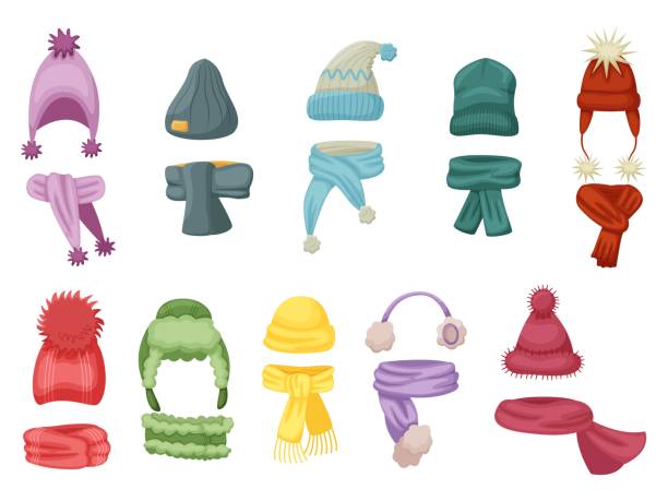 illustrations, cliparts, dessins animés et icônes de chapeau d’automne et d’hiver avec l’ensemble isolé chaud d’écharpe - ear muff