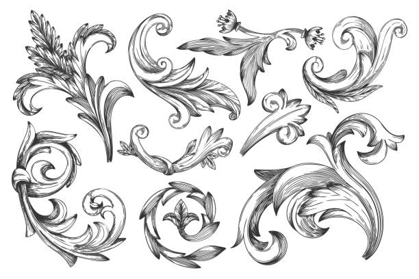 Vintage baroque frame or border scroll element set Baroque element. Vintage baroque frame beauty element. Vector victorian floral ornament leaf set. Engraved decorative filigree scroll border ornate isolated on white. Ink art illustration filigree illustrations stock illustrations