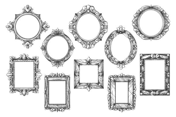Vintage hand drawn old outline picture frame set Picture frame sketch. Black-and-white hand drawn vintage art gallery icon set isolated on white. Old outline picture frame or border with decoration ink sketch engraving vector illustration ellipse photos stock illustrations