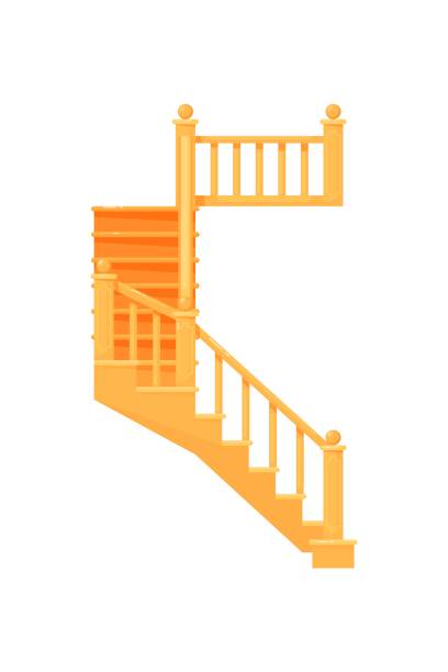 Wooden staircase. Isolated staircase with railing Wooden staircase. Isolated staircase with railing and balusters icon. Vector house interior wooden stair steps design. Architecture and climb concept baluster stock illustrations