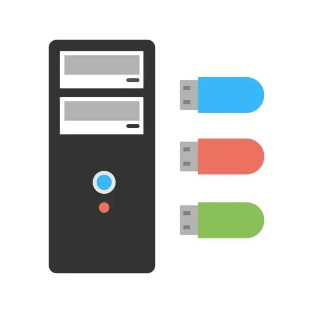 Vector illustration of USB flash drives server and remote control icon. Remote data control sign.