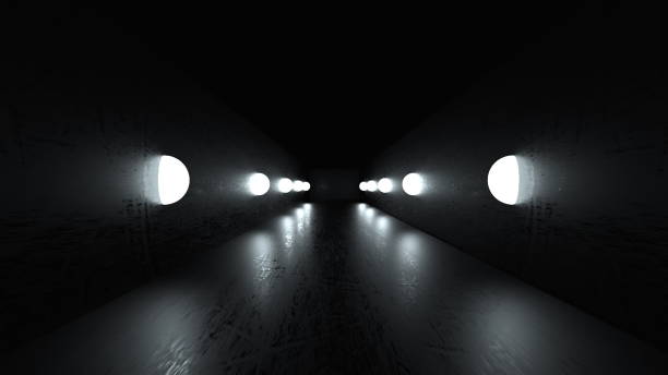 istock Black mirror space with slippery floor and a row of lights, computer generated. 3d rendering of perspective background 1280736128