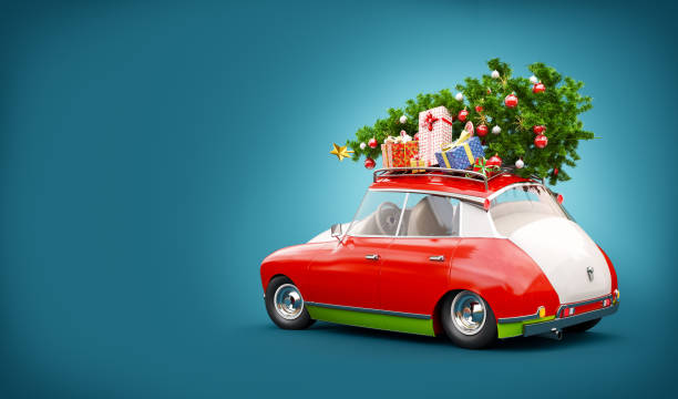 istock Red Santa's car with gift boxes and christmas tree on the top 1280736221