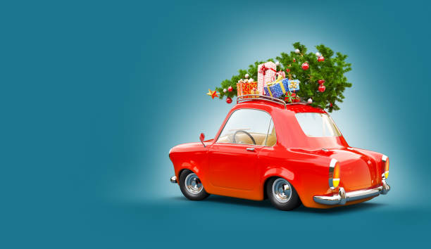 istock Red Santa's car with gift boxes and christmas tree on the top 1280736225