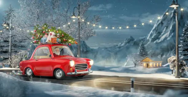 Photo of Santa claus in Cute car with decorated christmas tree on top goes by wonderful countryside road.