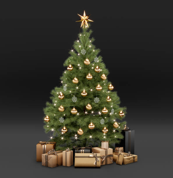 istock Christmas tree and gifts on black background. 3d render illustration. 1280737125