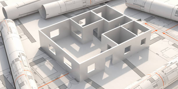 주거용 건물 청사진 계획 및 주택 모델. 3d 일러스트레이션 - document technology plan rolled up 뉴스 사진 이미지