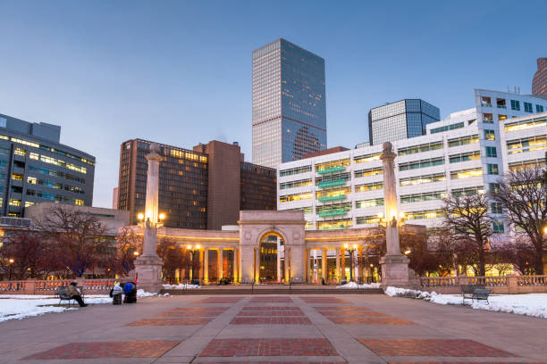 Denver, Colorado, USA downtown cityscape in Civic Center Park Denver, Colorado, USA downtown cityscape in Civic Center park at dusk. civic center park stock pictures, royalty-free photos & images