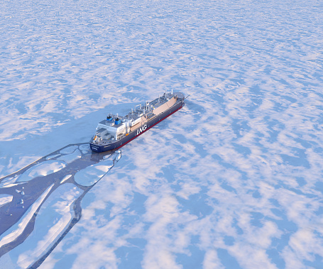 LNG tanker of icebreaking type on the background of snow. 3d-rendering.