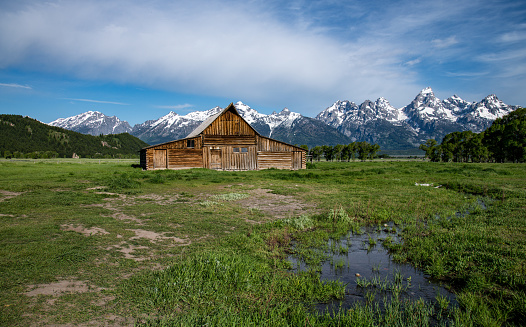 Historic houses, barns, outbuildings and fencing located in Mormon Row Grand Teton National Park Wyoming.  Brown, weathered and rough wood plank and log structures which Mormons lived and kept their animals surrounded by green and brown scrub brush backed by the Grand Teton Mountains.  Wide open spaces for them to graze animals and farm the land upon which they lived.