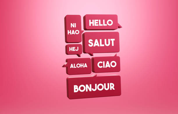 hello in different language. group of pink speech bubbles on pink background. communication and social media concept. - social media teamwork global communications togetherness imagens e fotografias de stock