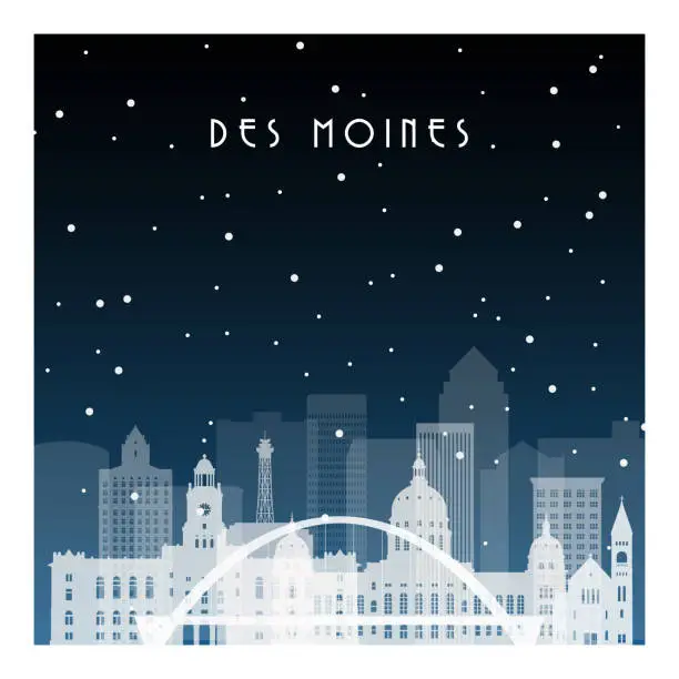 Vector illustration of Winter night in Des moines. Night city in flat style for banner, poster, illustration, background.