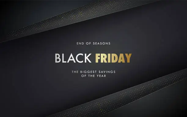 Vector illustration of Black Friday vector banner. Black paper layers with golden halftone effect. Minimalistic Sale poster. Advertising horizontal banner.