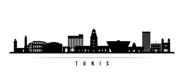 tunis skyline poziomy baner. czarno-biała sylwetka miasta tunis. szablon wektorowy dla twojego projektu. - tunisia stock illustrations