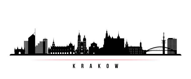 Krakow skyline horizontal banner. Black and white silhouette of Krakow City, Poland. Vector template for your design. Krakow skyline horizontal banner. Black and white silhouette of Krakow City, Poland. Vector template for your design. krakow stock illustrations