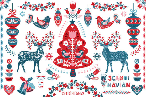 Scandinavian Christmas Folk Art Design Elements A vector illustration of Scandinavian Christmas Folk Art Design Elements . Perfect for invitation, web design, scrapbooking, papers, card making, stationery, card and many more. scandinavian culture stock illustrations
