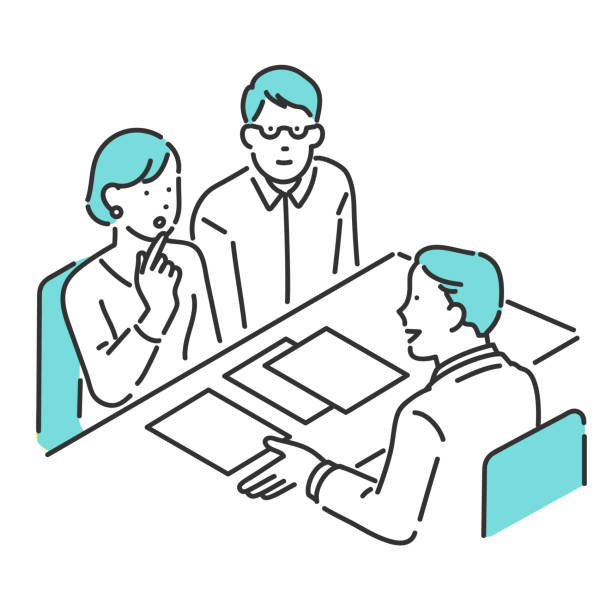 paar- und kundenservice-mitarbeiter am schalter - business meeting stock-grafiken, -clipart, -cartoons und -symbole
