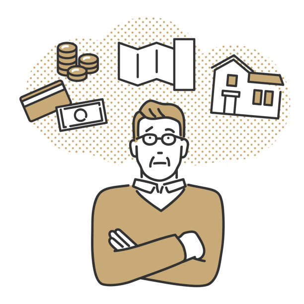 ilustraciones, imágenes clip art, dibujos animados e iconos de stock de hombres mayores pensando en el plan de vida, dinero en efectivo, hogar, gestión de activos. - herencia