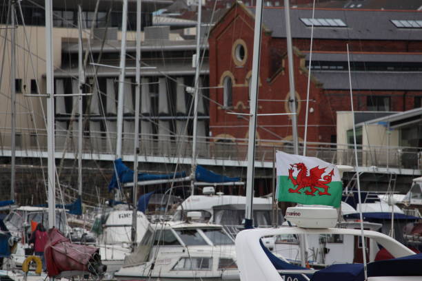 una fotografia di una bandiera gallese che sventola sopra uno yacht in un porto turistico - wales town of wales welsh flag welsh culture foto e immagini stock
