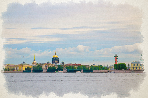 Watercolor drawing of Cityscape of Saint Petersburg (Leningrad) city with Palace Bridge (bascule bridge) across Neva river, Saint Isaac's Cathedral, Strelka Arrow of Vasilyevsky Island, Russia