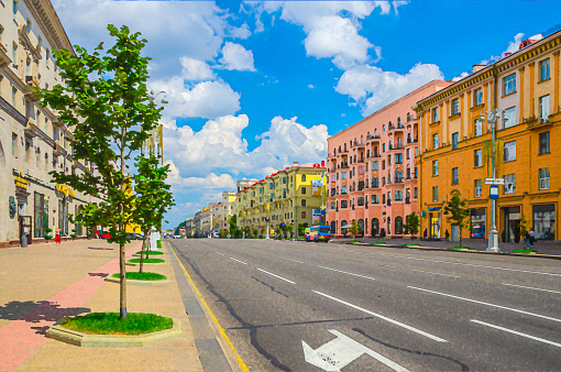 Dibujo de acuarela de Minsk: Avenida de la Independencia con el clasicismo socialista edificios estilo Stalin Imperio, pavimento de la acera y coches y autobuses de montar, nubes blancas cielo azul en el día soleado de verano photo
