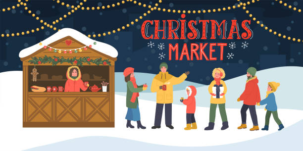 weihnachtsmarkt. kiosk mit speisen und heißen getränken. - weihnachtsmarkt stock-grafiken, -clipart, -cartoons und -symbole